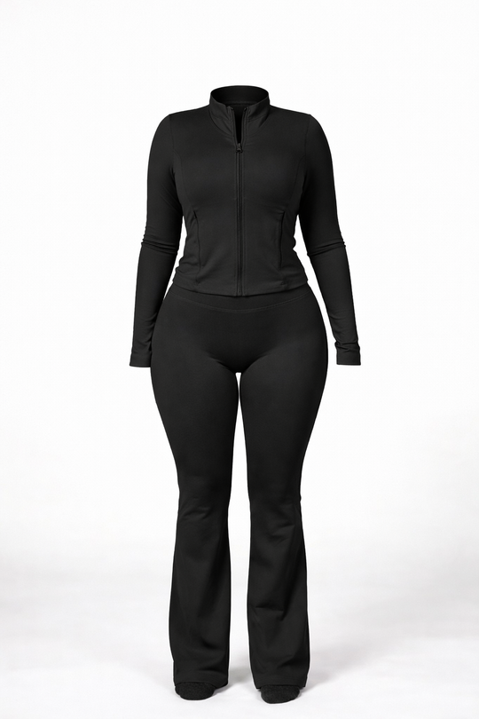Black Zipper Top &amp; High-Waist Flare Set