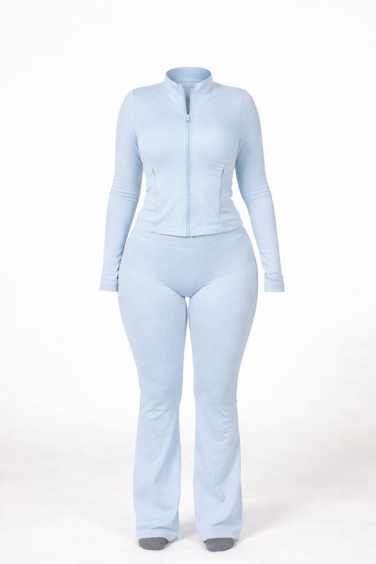 Blue Zipper Top &amp; High-Waist Flare Set