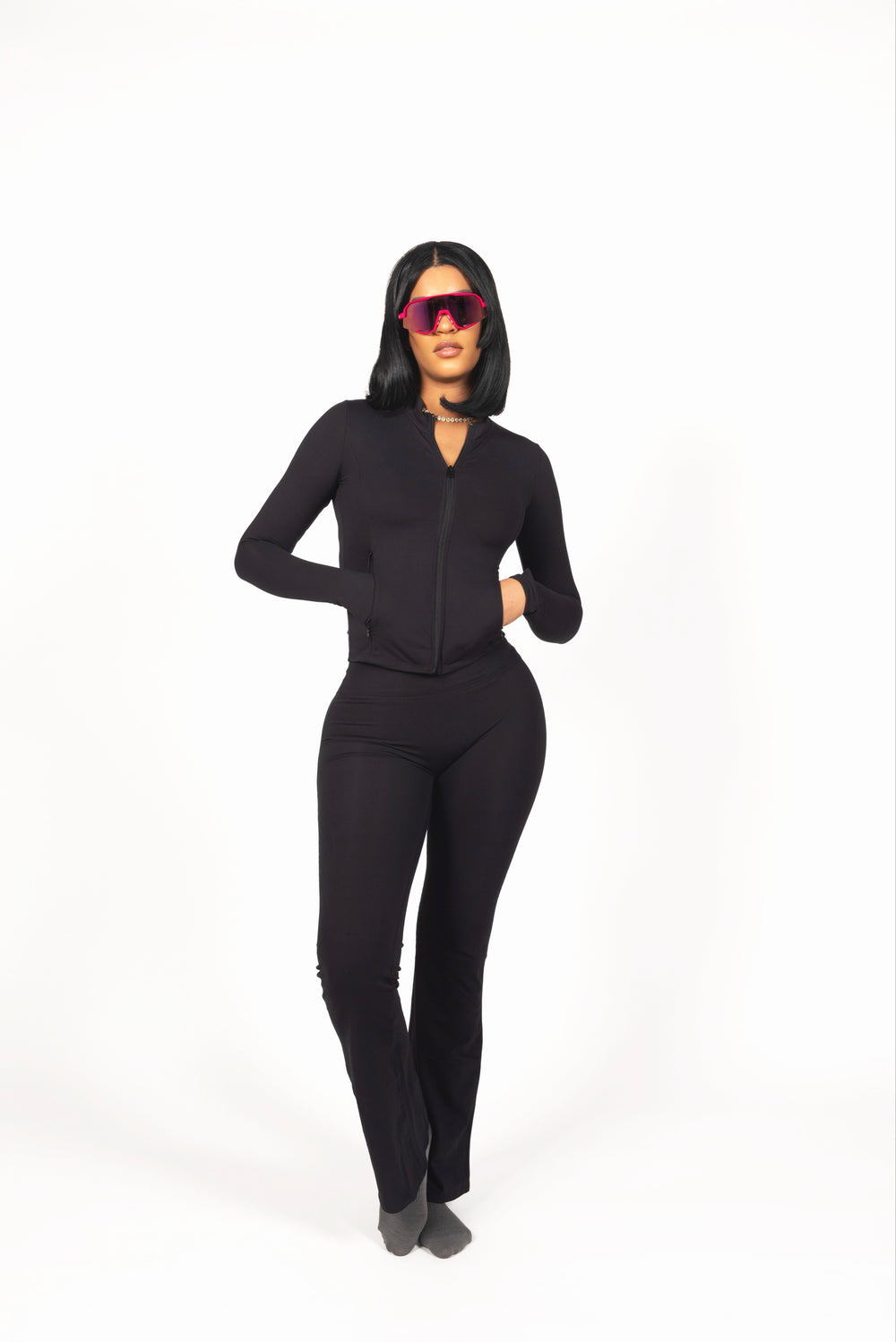 Black Zipper Top & High-Waist Flare Set